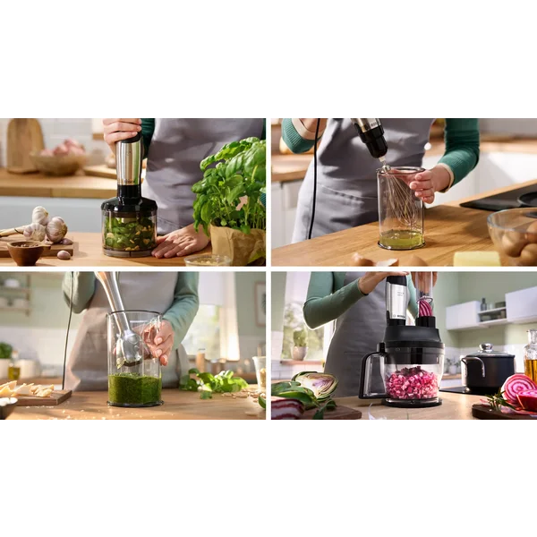 Погружной блендер 1200 ватт (+кубикорезка, насадки для шинковки овощей, измельчитель 0,5л, измельчитель 1,25л, тестомес, венчик, стакан)